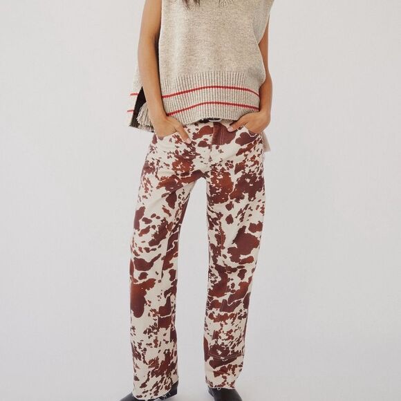 Free People Risk Taker Mid Rise Printed Jeans in Tea Combo-Cow Print - Picture 5 of 10